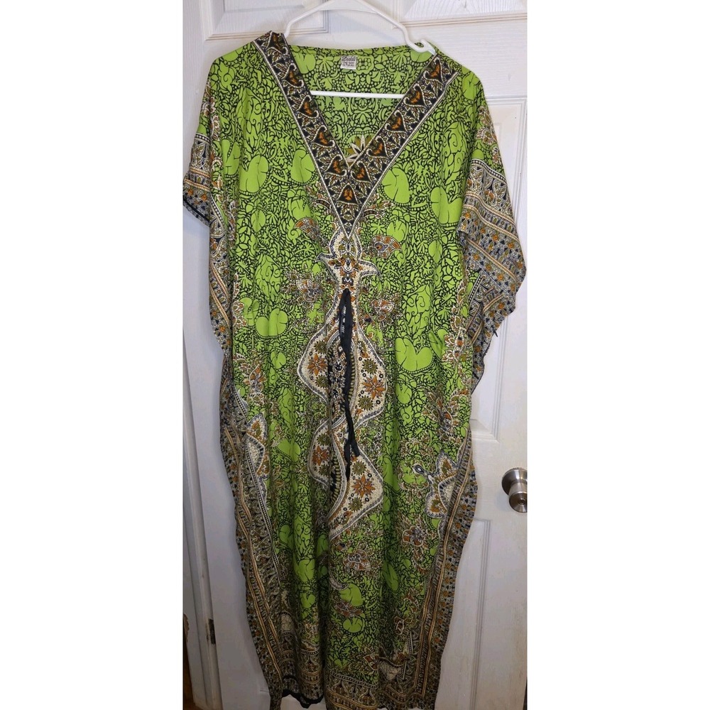 Laddi Caftan Maxi Dress One Size Lime Green Paisley Floral Boho Batwing 52"